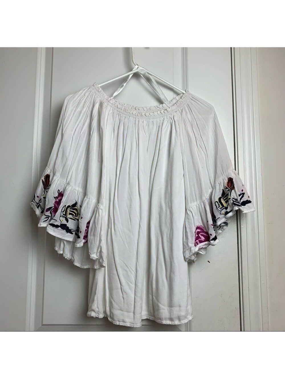 Here comes the sun white off the shoulder blouse with floral design sleeves XS